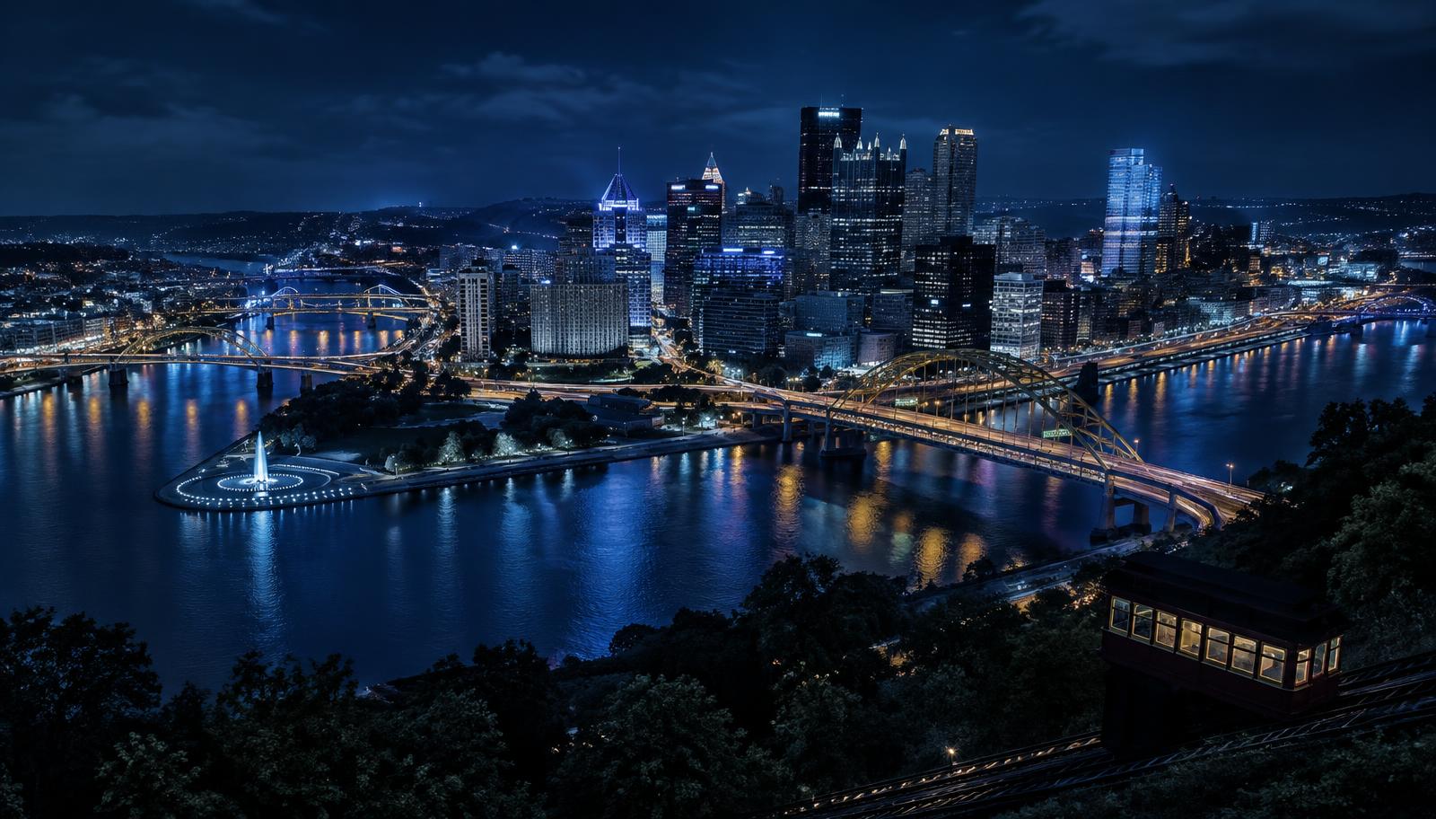 Pittsburgh skyline at night with the three rivers, bridges, and an incline car
